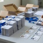 Stacks of laminated student ID cards being checked and packed for a bulk student ID cards India order.