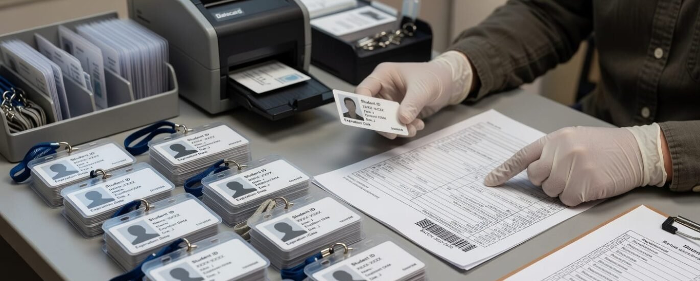College ID cards bulk order being checked against procurement specs in a university card office