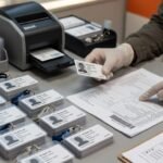 College ID cards bulk order being checked against procurement specs in a university card office