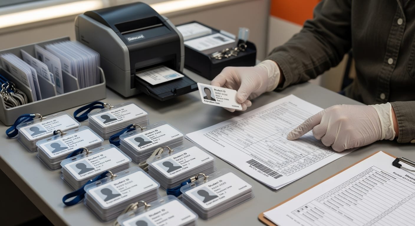 College ID cards bulk order being checked against procurement specs in a university card office